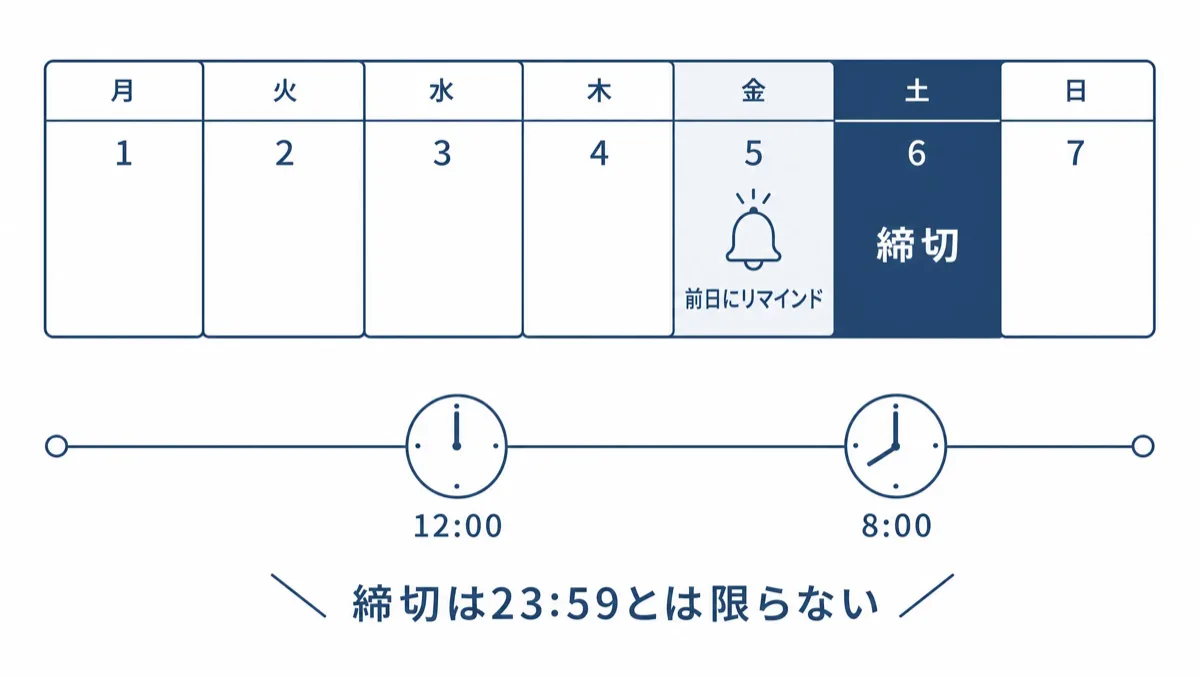 締切の前日にリマインダーを置く運用の図。締切時刻は正午12時や朝8時のこともある